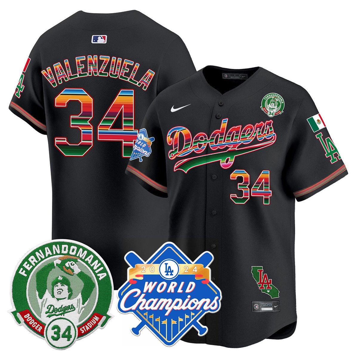 Dodgers Mexico Fernando Memorial & 2024 World Series Champions Patch Jersey - Stitched
