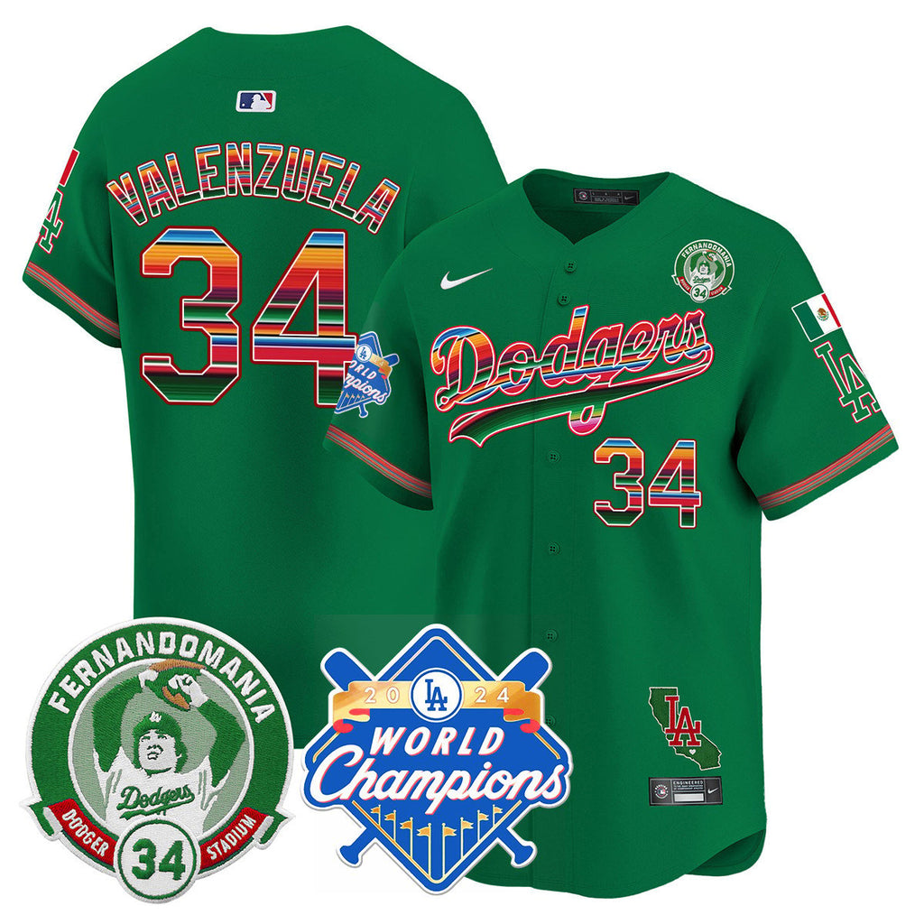 Dodgers Mexico Fernando Memorial & 2024 World Series Champions Patch Jersey - Stitched