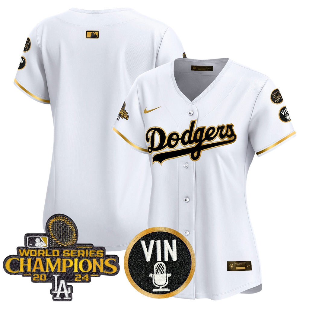 Women's Dodgers 2025 Vin Scully & #34 Fernando Patch Gold Vapor Premier Limited Jersey - Stitched