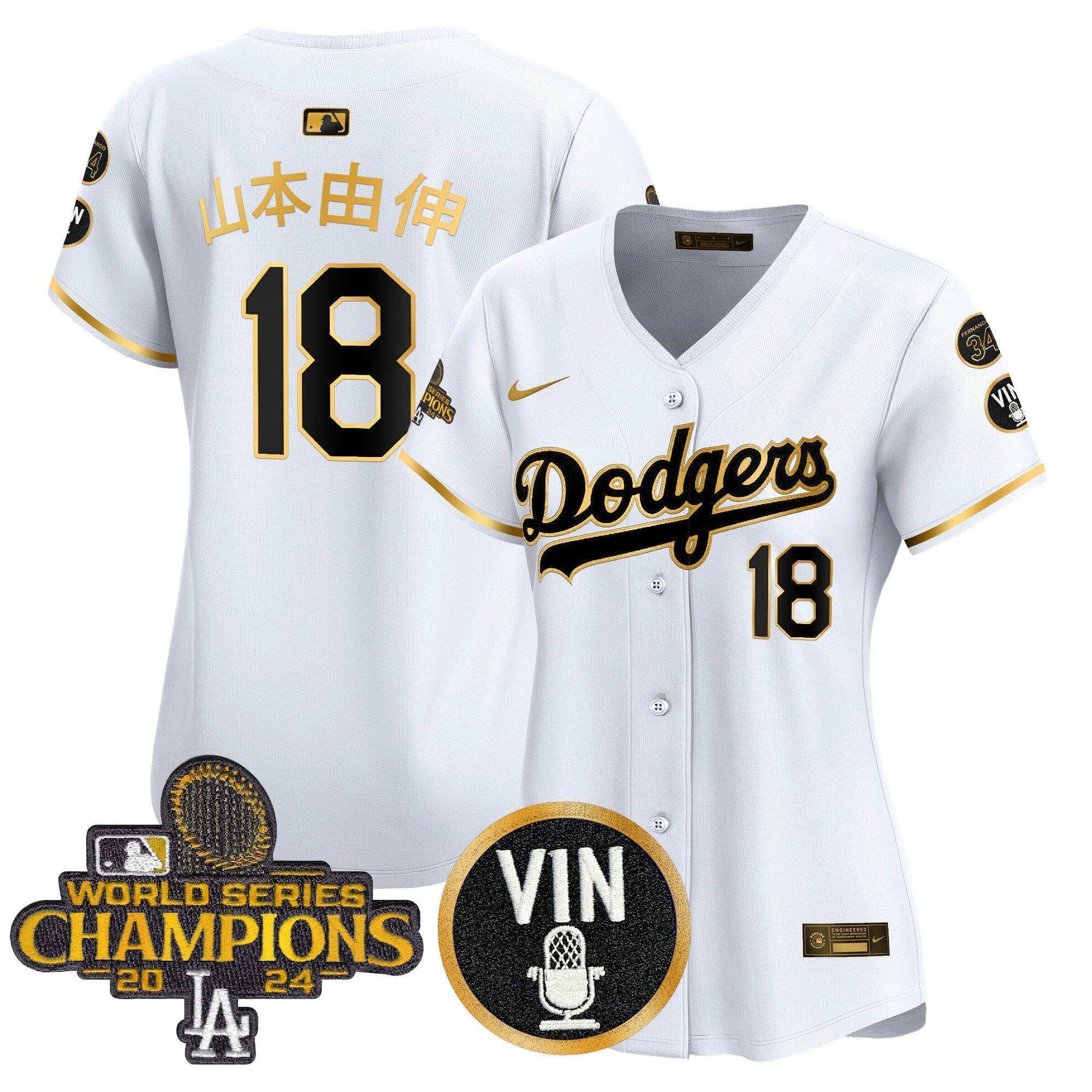 Women's Dodgers 2025 Vin Scully & #34 Fernando Patch Gold Vapor Premier Limited Jersey - Stitched