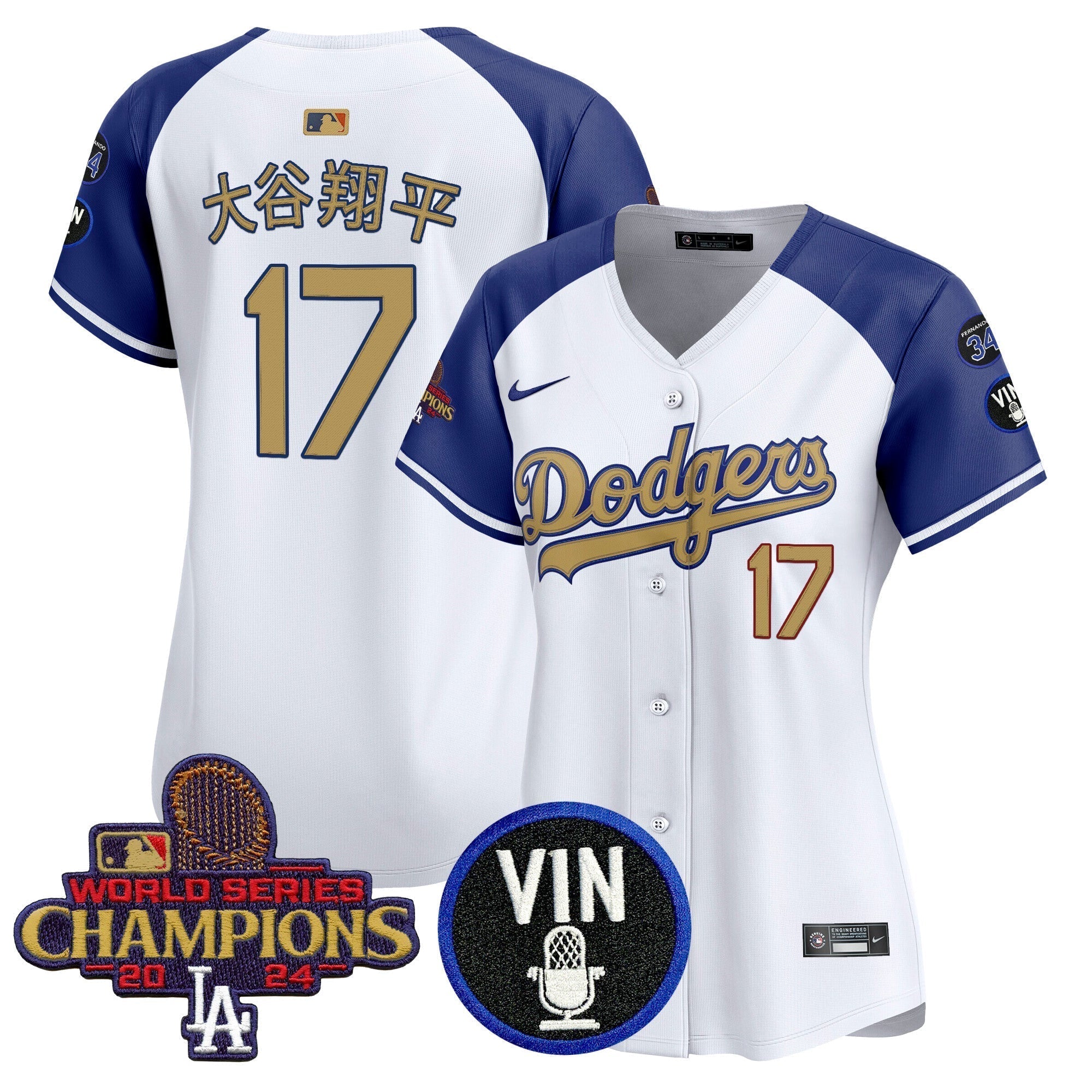 Women's Dodgers 2025 Vin Scully & #34 Fernando Patch Gold Vapor Premier Limited Jersey - Stitched