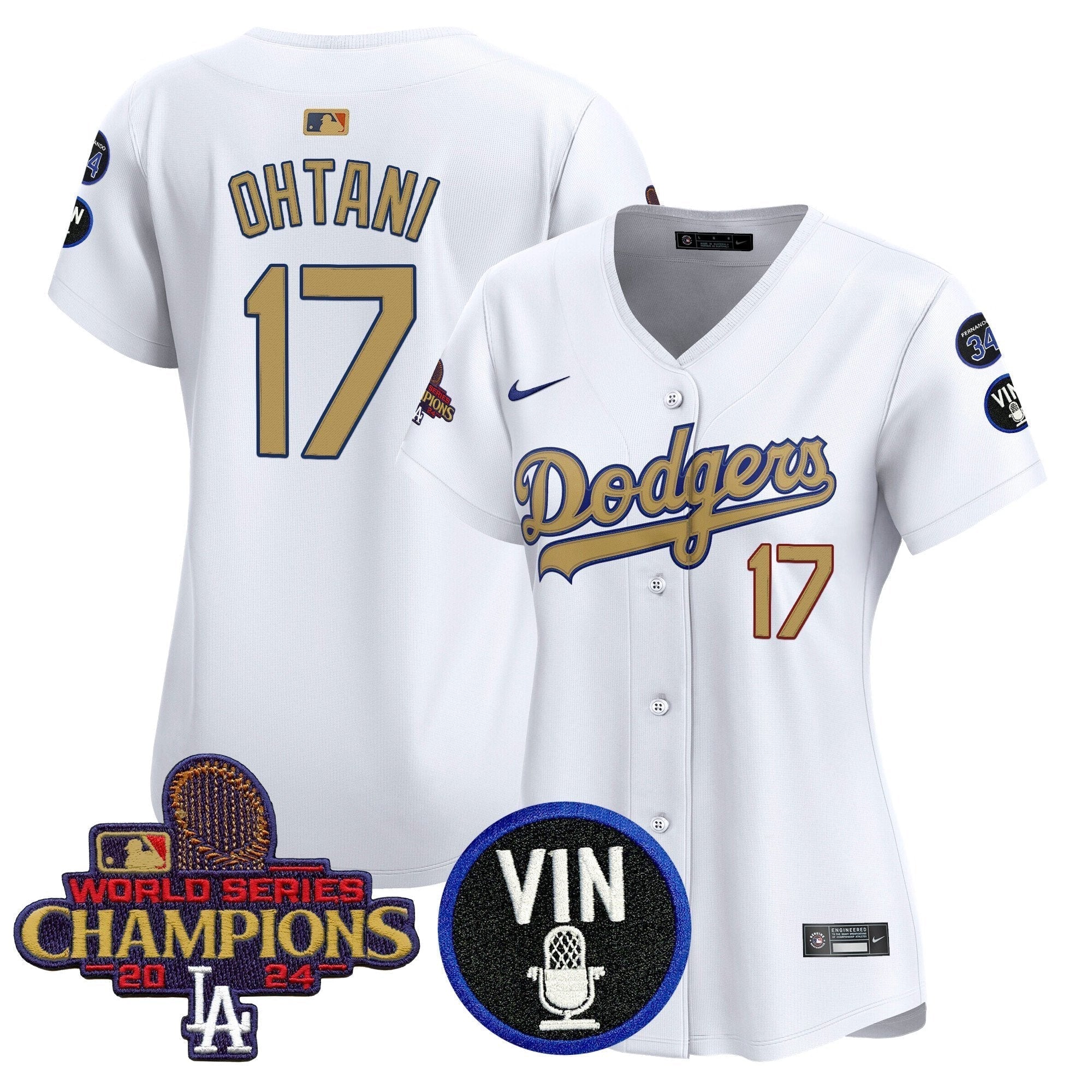 Women's Dodgers 2025 Vin Scully & #34 Fernando Patch Gold Vapor Premier Limited Jersey - Stitched