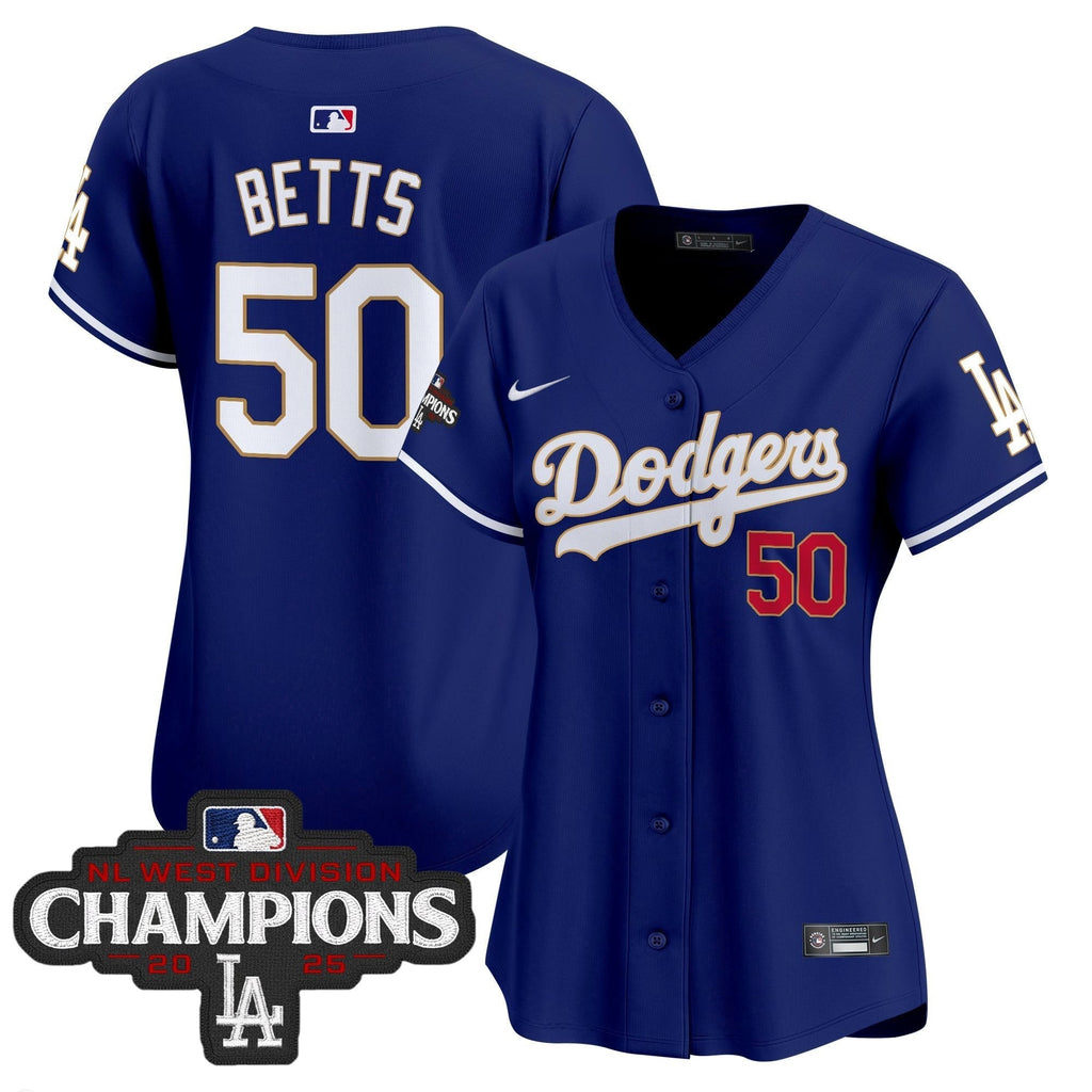 Women's Dodgers 2025 NL West Division Champions Patch Gold Trim Vapor Premier Limited Jersey - Stitched