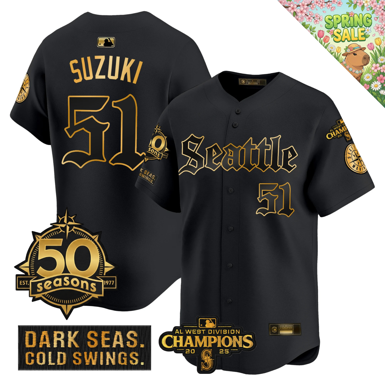 SEA Vapor Limited Gold Jersey - 50th Anniversary & 2025 AL West Champs Patch - Stitched