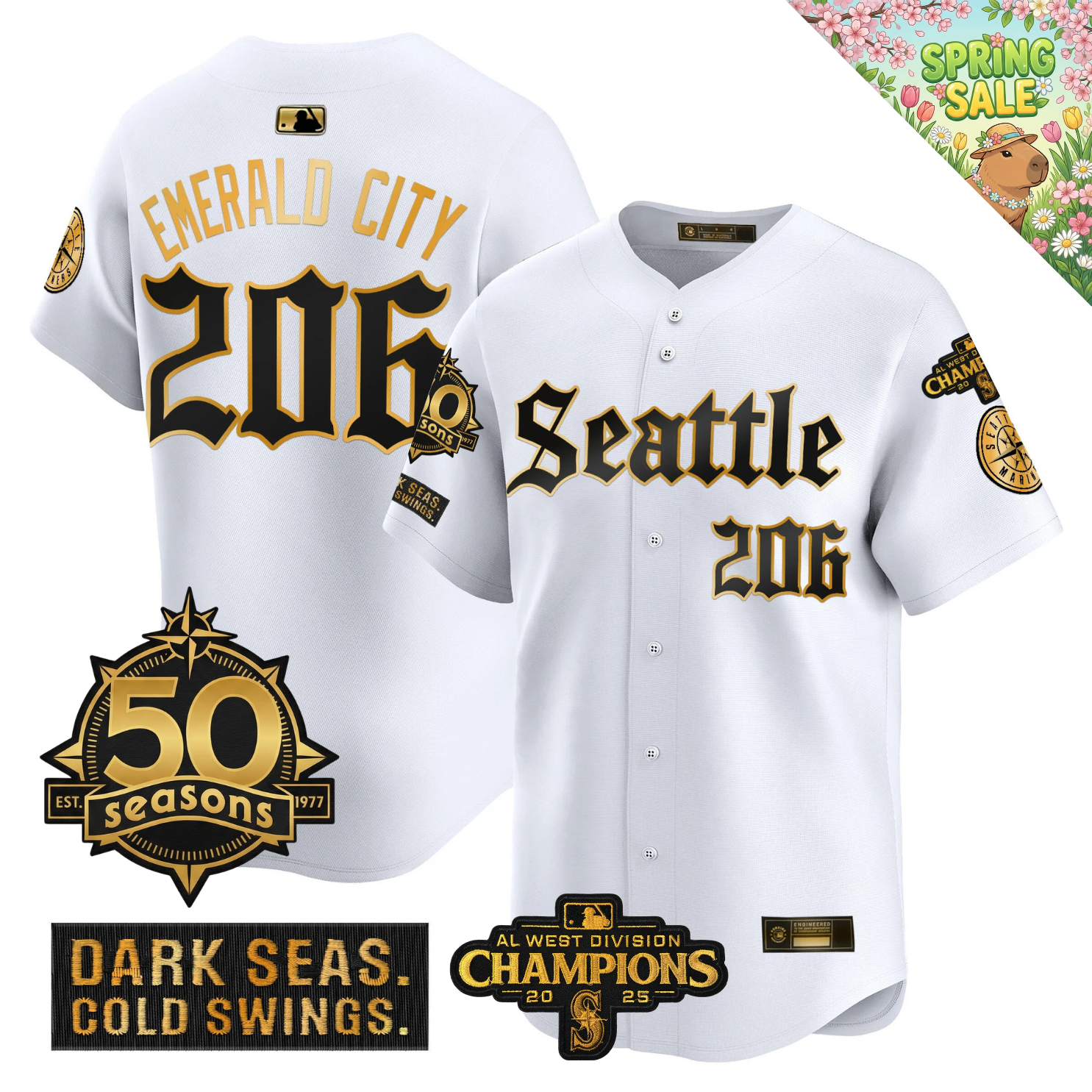 SEA Vapor Limited Gold Jersey - 50th Anniversary & 2025 AL West Champs Patch - Stitched