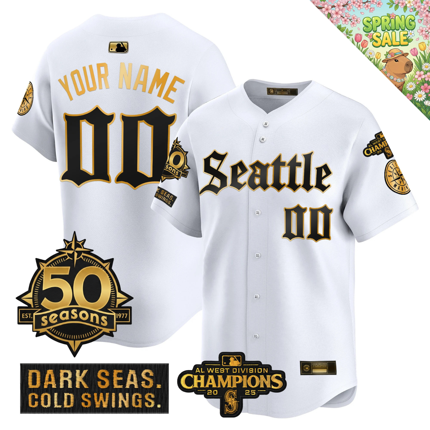 SEA Vapor Limited Gold Jersey - 50th Anniversary & 2025 AL West Champs Patch - Stitched