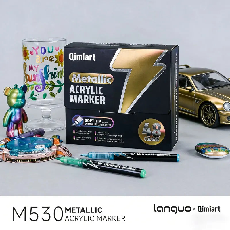 Languo 48 Colors  Brush Tip Metallic Acrylic Marker Pen Set Student DIY Graffiti Hand Drawn Paint Pens Stationery M530