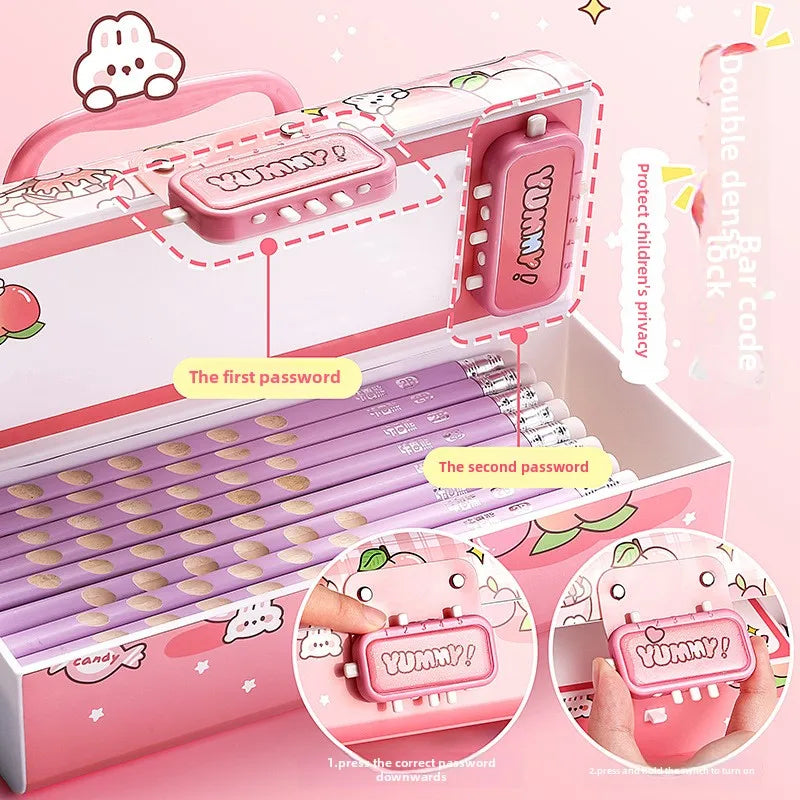 High Appearance Male Password Lock Super Stationery Box Student Pencil Case Girl Multifunctional Double Layered
