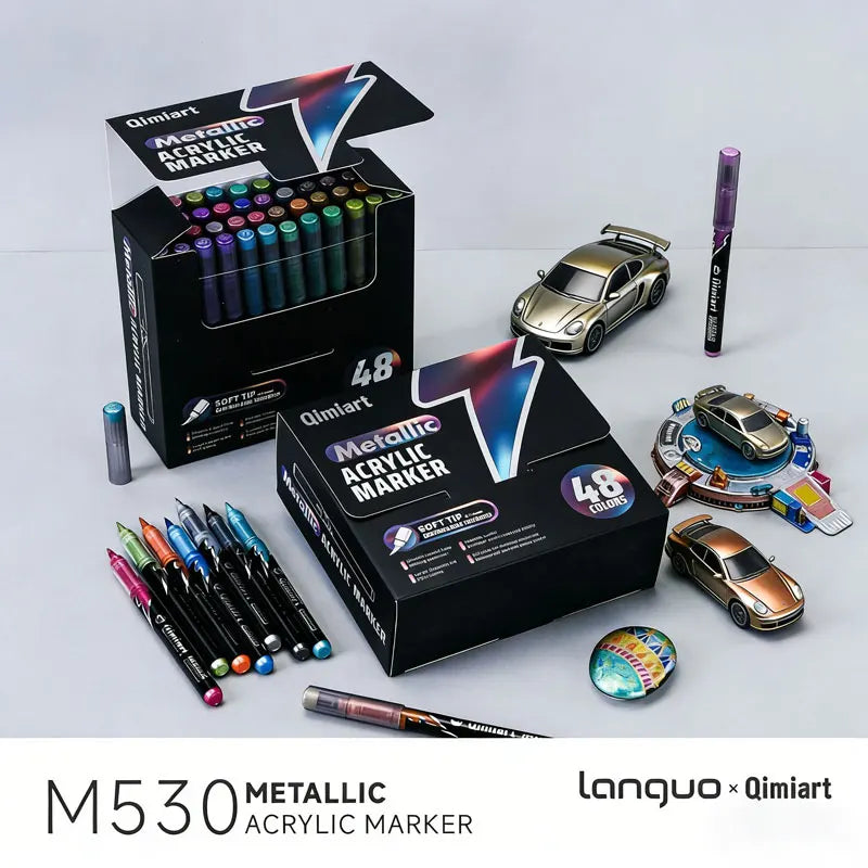 Languo 48 Colors  Brush Tip Metallic Acrylic Marker Pen Set Student DIY Graffiti Hand Drawn Paint Pens Stationery M530