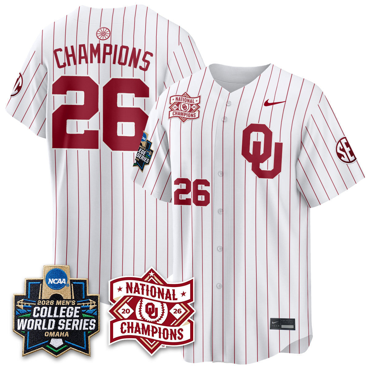 OU 2026 NCAA Baseball College World Series Champions Vapor White Jersey - Stitched
